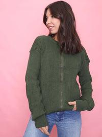 Vintage Green Zip-Up Knit Cardigan
