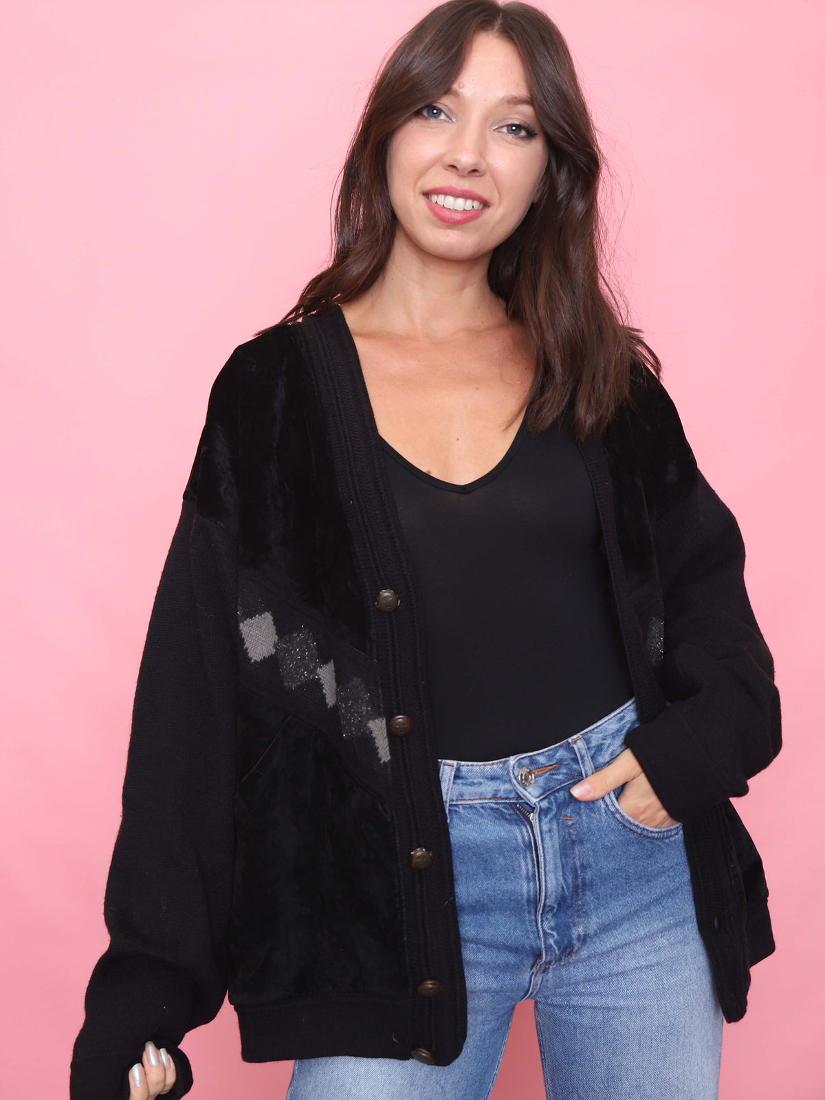 Vintage Black Knit & Faux Suede Cardigan Jacket