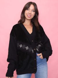 Vintage Black Knit & Faux Suede Cardigan Jacket