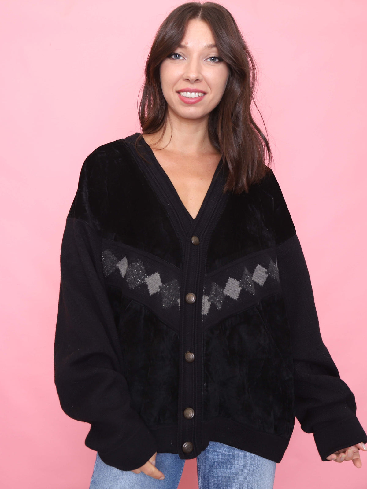 Vintage Black Knit & Faux Suede Cardigan Jacket