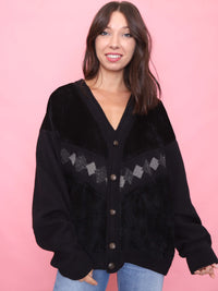 Vintage Black Knit & Faux Suede Cardigan Jacket