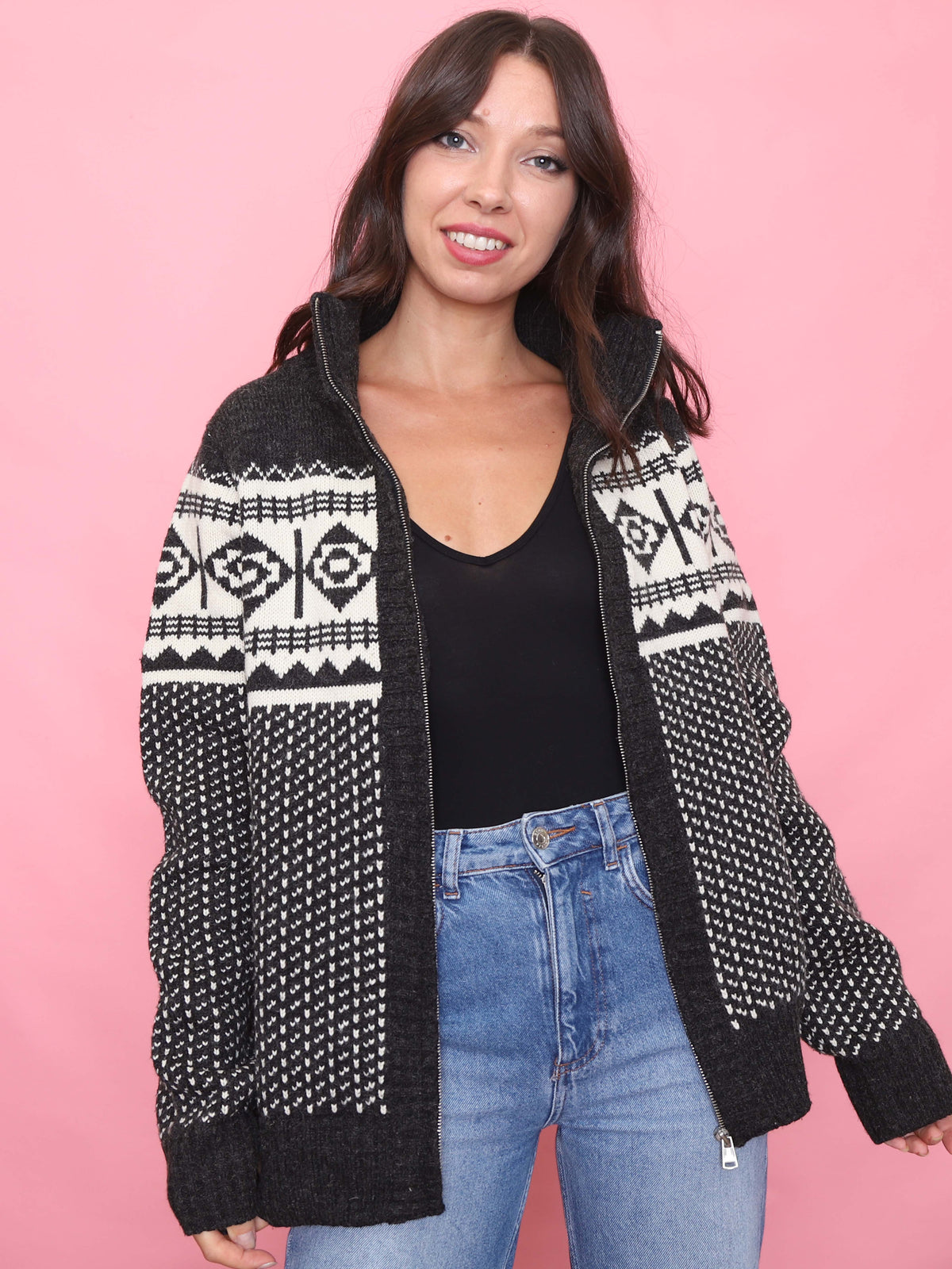 Retro Monochrome Patterned Zip-Up Knit Cardigan