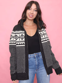Retro Monochrome Patterned Zip-Up Knit Cardigan