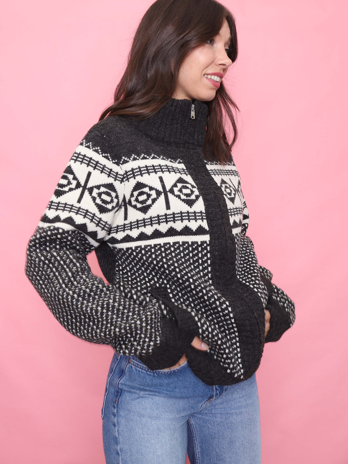 Retro Monochrome Patterned Zip-Up Knit Cardigan