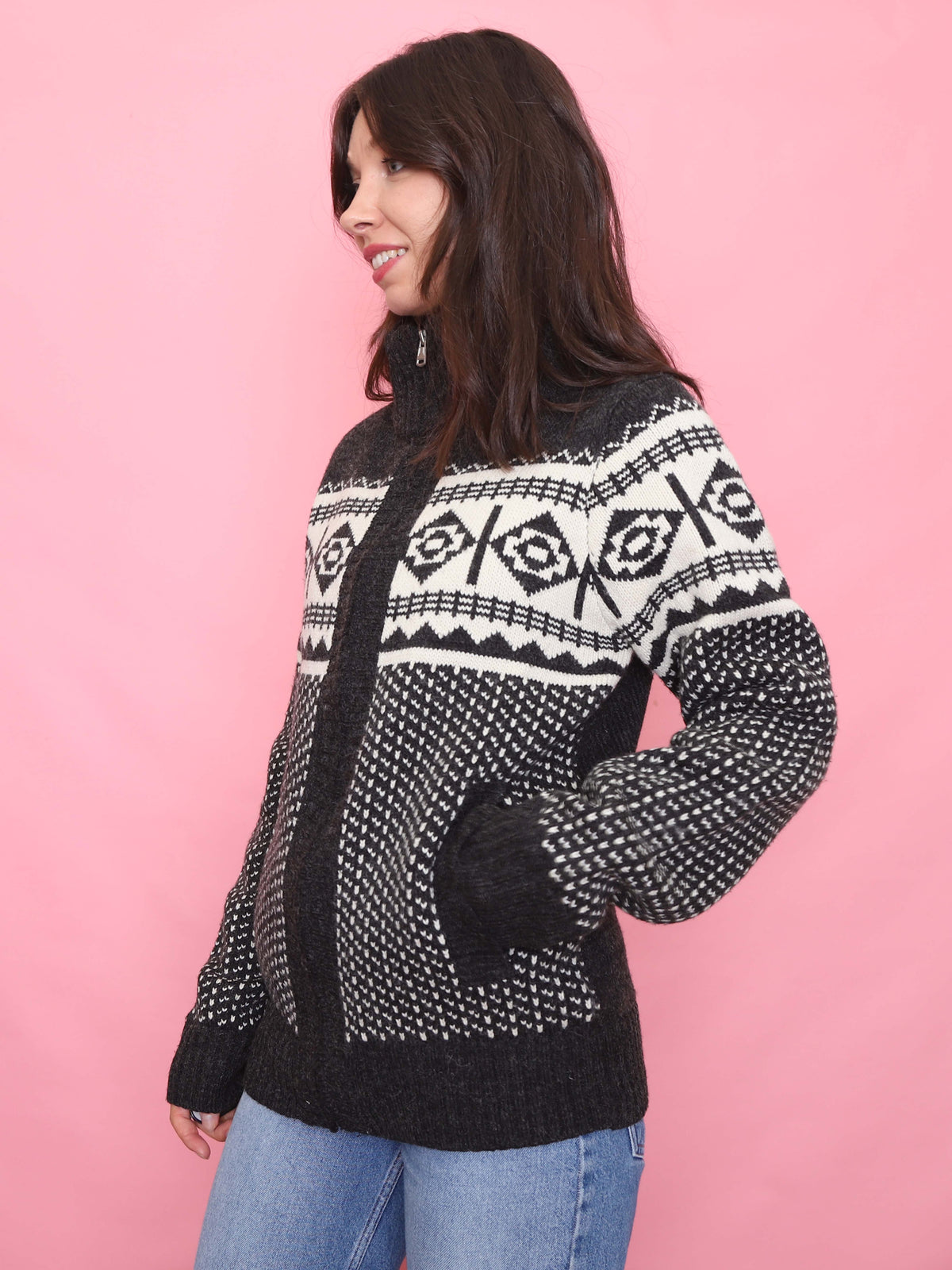 Retro Monochrome Patterned Zip-Up Knit Cardigan