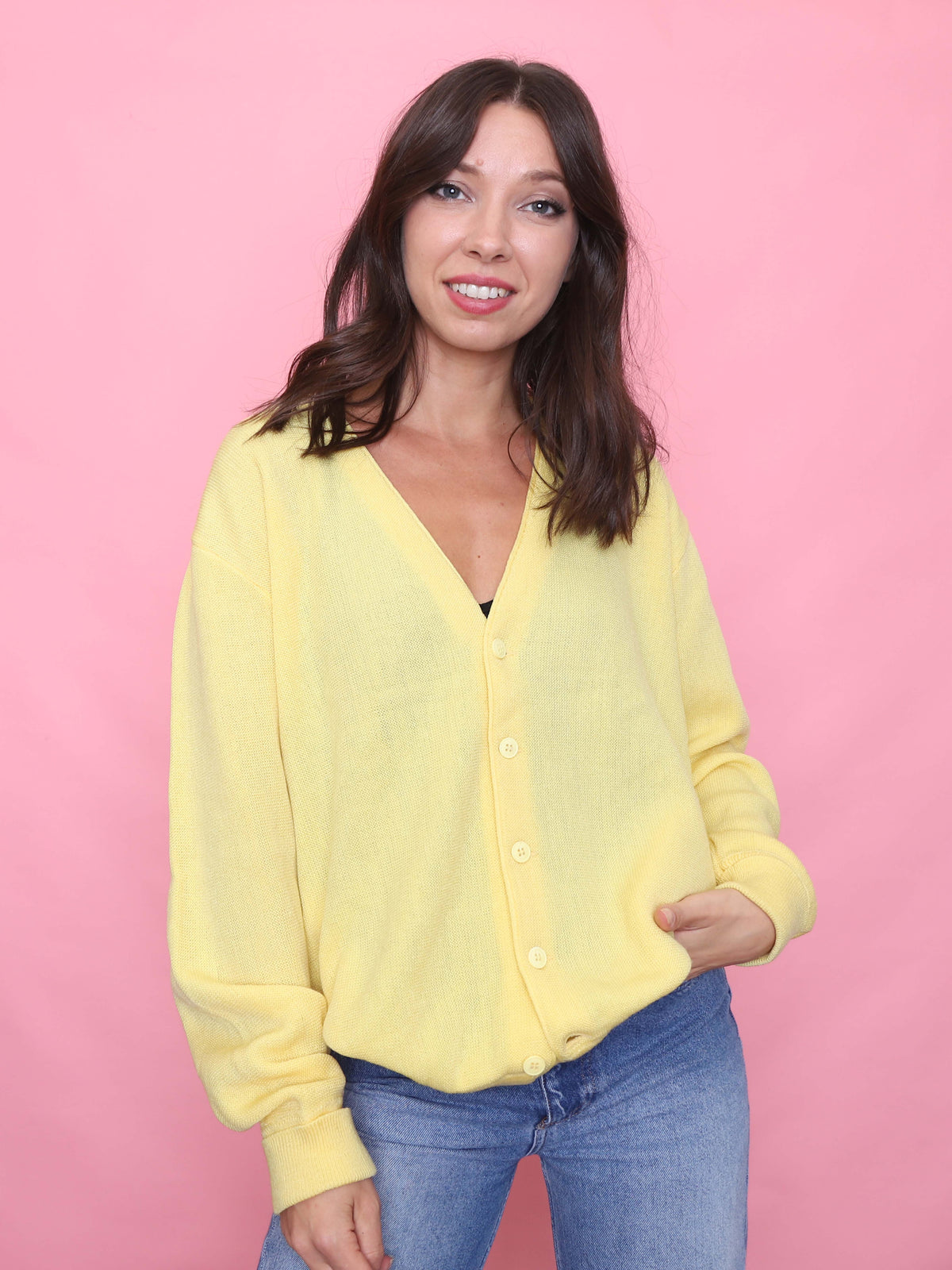 Vintage Yellow Button-Up Knit Cardigan