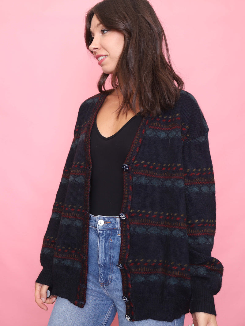 Vintage Lambswool Patterned Cardigan – Classic Button-Up Knit