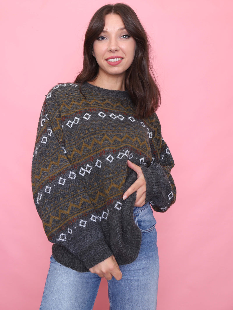 Vintage Patterned Jumper Grey Fair Isle