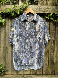 Vintage 90s Abstract Print Shirt | Oversized Blue Grey Pattern Short Sleeve Unisex