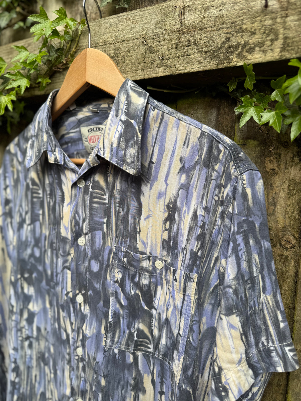 Vintage 90s Abstract Print Shirt | Oversized Blue Grey Pattern Short Sleeve Unisex