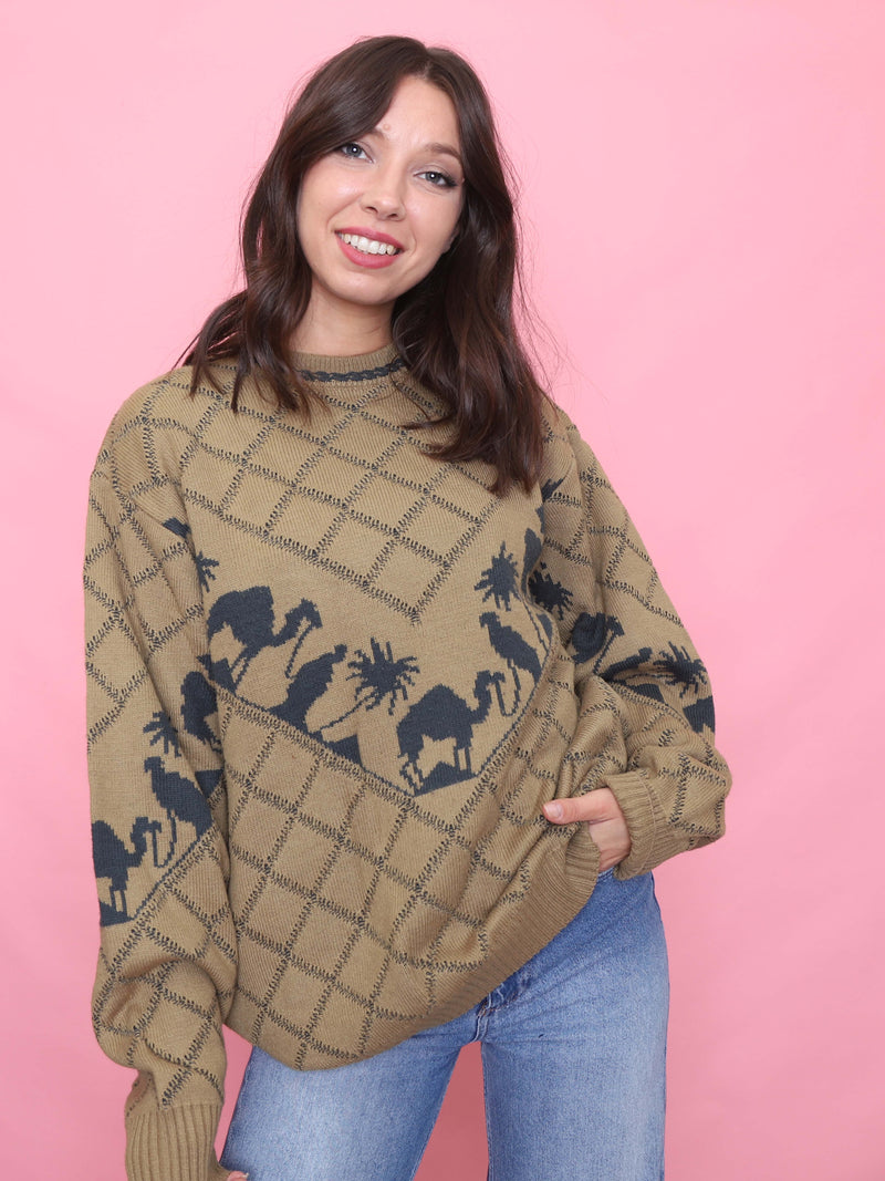Vintage Camel & Desert Knit Jumper - 90s Graphic Sweater