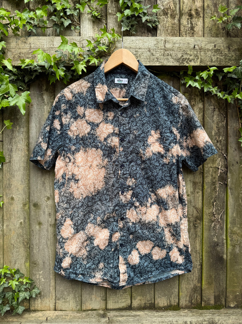 Vintage 90s Abstract Floral Shirt | Black Beige Acid Wash Pattern Short Sleeve