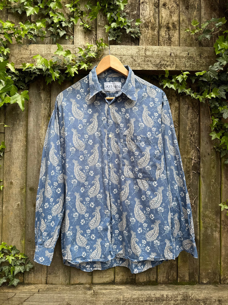 Vintage Paisley Print Shirt Blue Grey | Long Sleeve Abstract Pattern