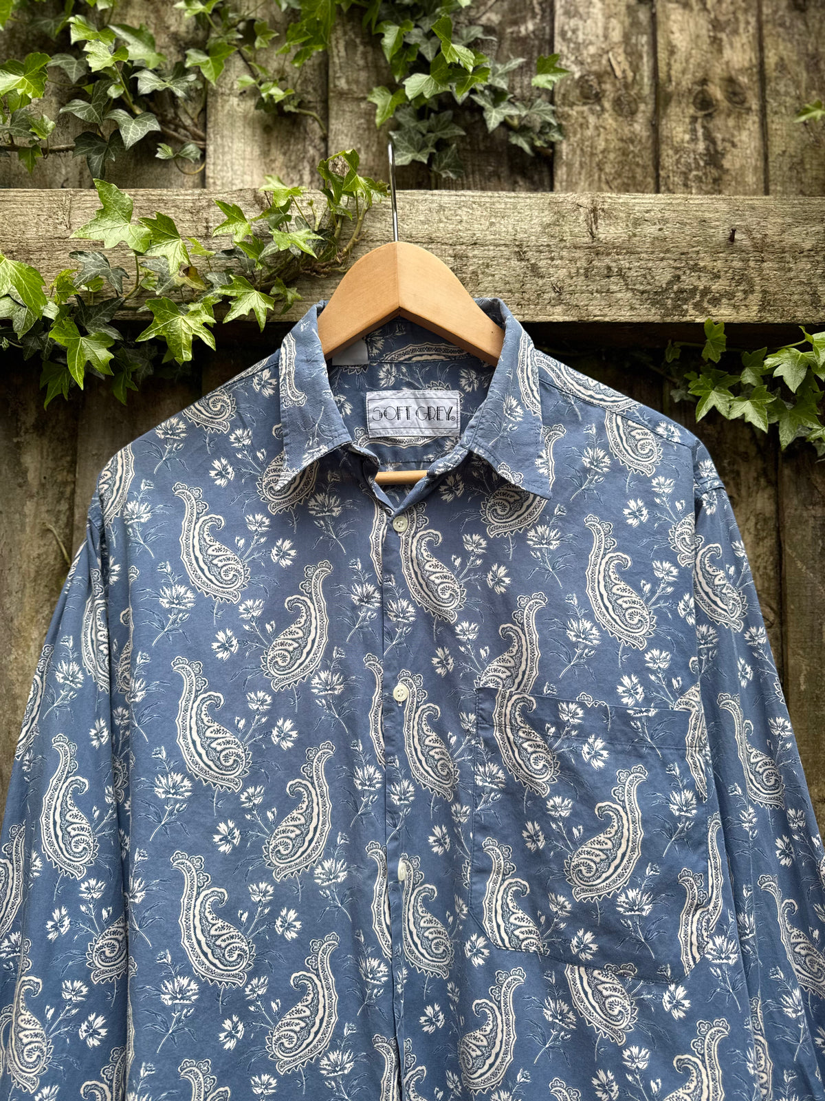 Vintage Paisley Print Shirt Blue Grey | Long Sleeve Abstract Pattern