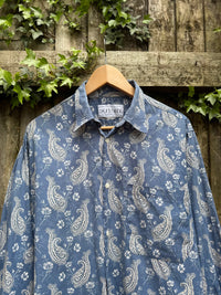Vintage Paisley Print Shirt Blue Grey | Long Sleeve Abstract Pattern