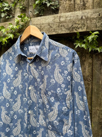 Vintage Paisley Print Shirt Blue Grey | Long Sleeve Abstract Pattern