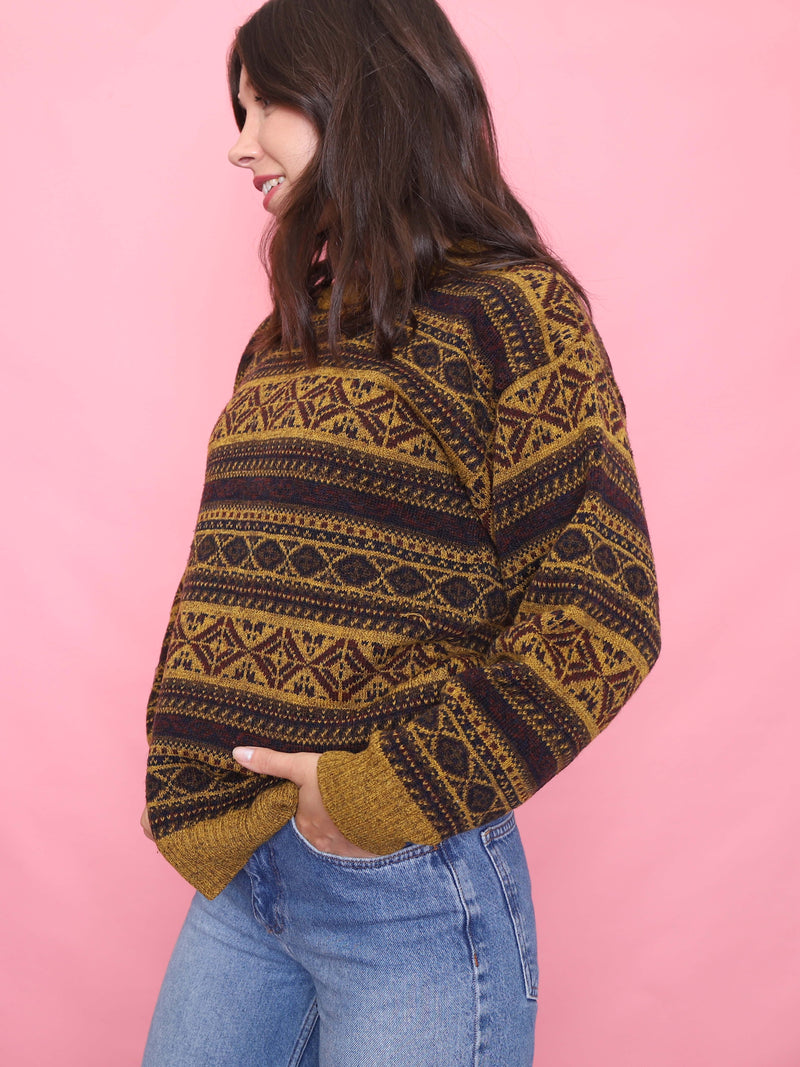 Vintage Mustard & Burgundy Geometric Knit Jumper