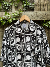 Retro Abstract Faces Print Shirt Black White | Graphic Pattern Short Sleeve