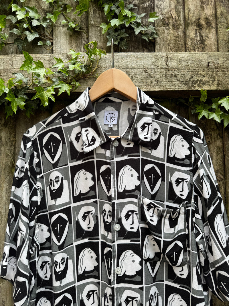 Retro Abstract Faces Print Shirt Black White | Graphic Pattern Short Sleeve