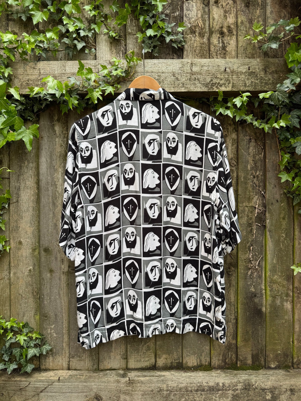 Retro Abstract Faces Print Shirt Black White | Graphic Pattern Short Sleeve