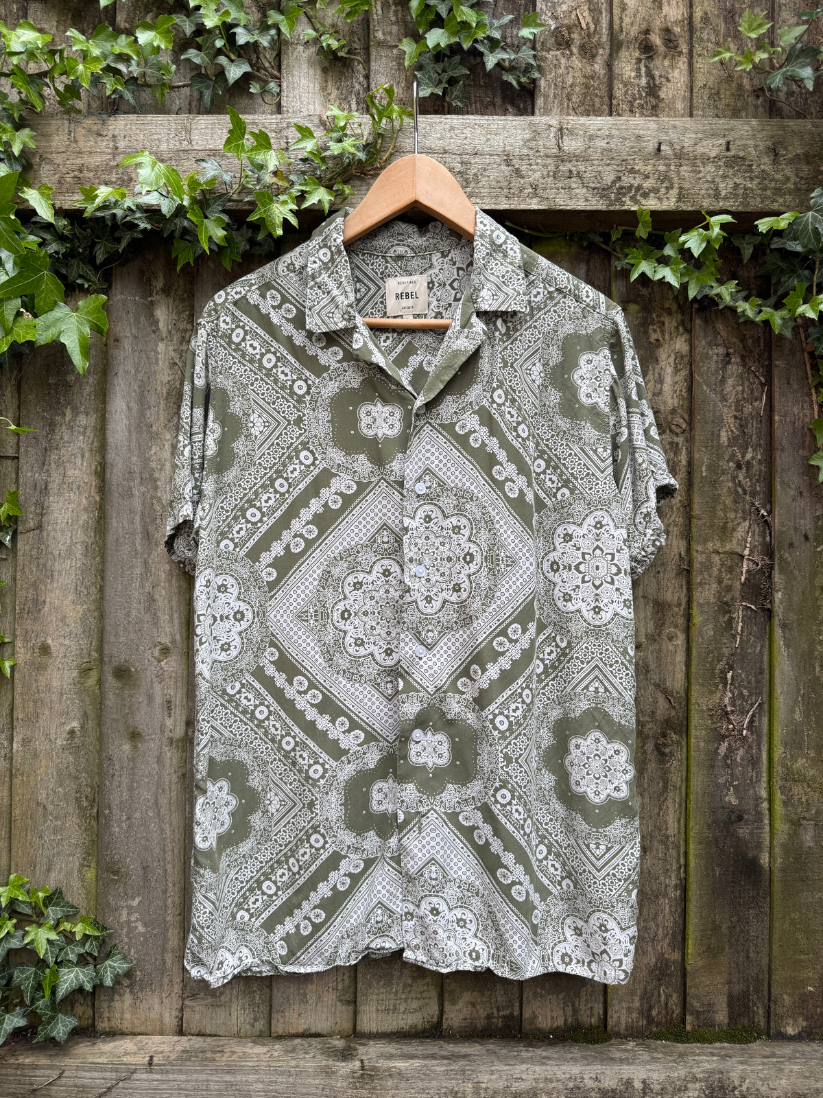 Vintage Style Olive Green Bandana Print Shirt | Abstract Paisley Pattern