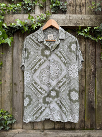 Vintage Style Olive Green Bandana Print Shirt | Abstract Paisley Pattern