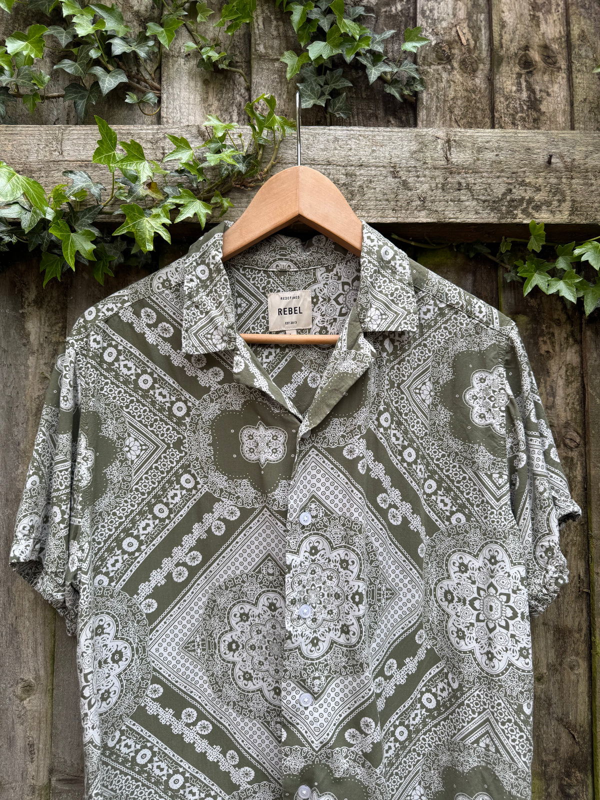 Vintage Style Olive Green Bandana Print Shirt | Abstract Paisley Pattern