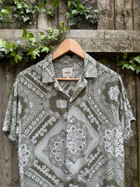 Vintage Style Olive Green Bandana Print Shirt | Abstract Paisley Pattern