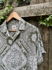 Vintage Style Olive Green Bandana Print Shirt | Abstract Paisley Pattern