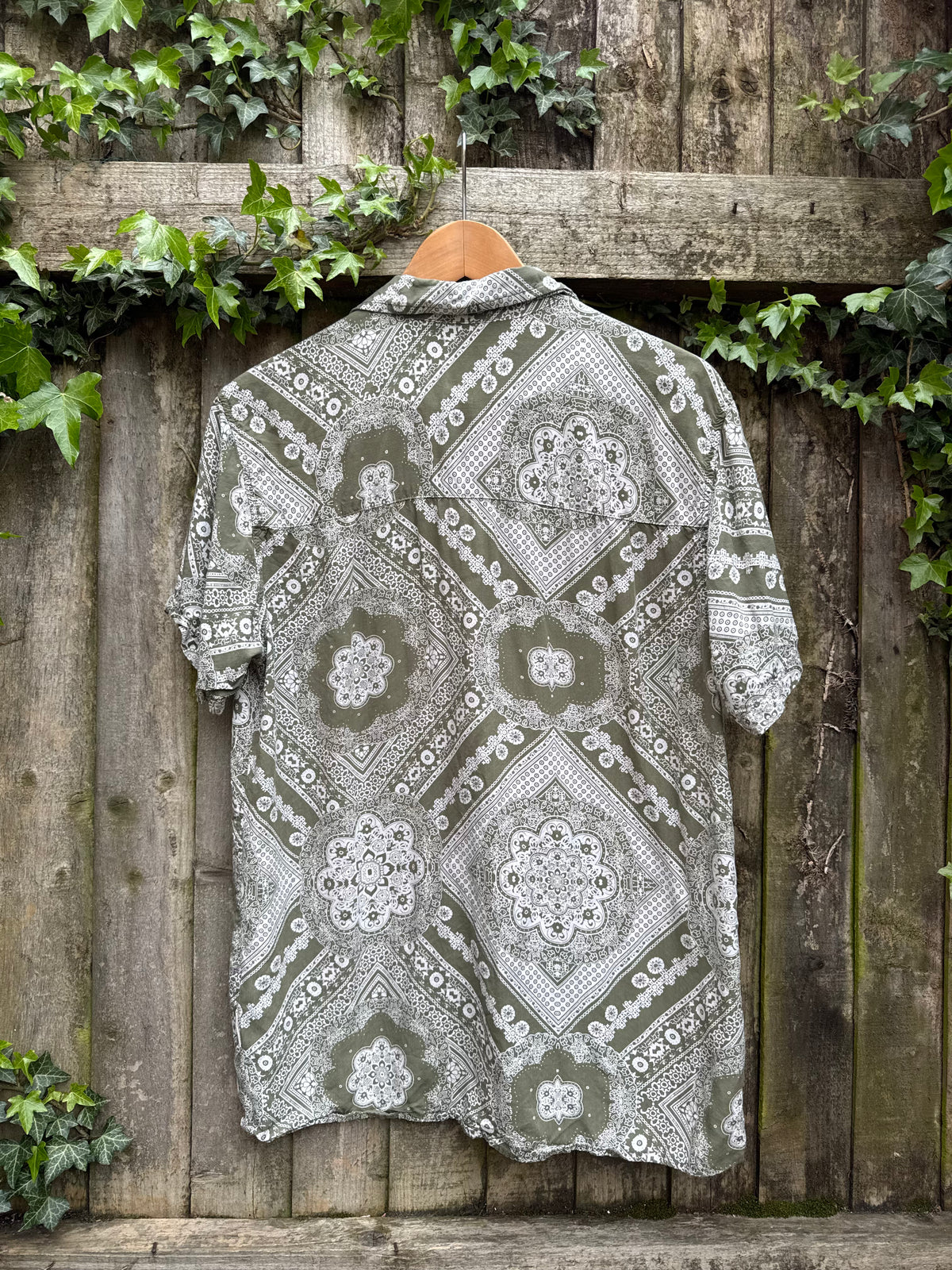 Vintage Style Olive Green Bandana Print Shirt | Abstract Paisley Pattern
