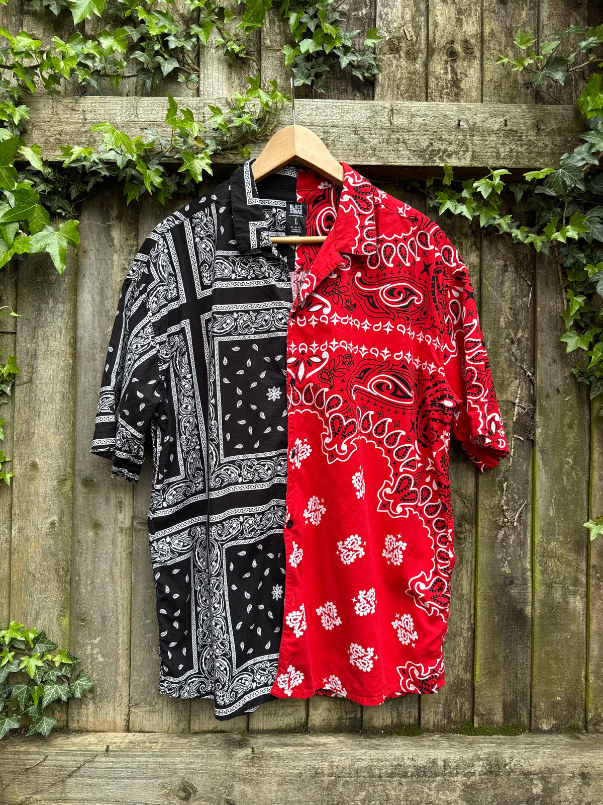 Vintage Style Split Bandana Print Shirt Red Black | Patchwork Paisley Pattern
