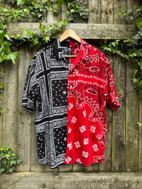 Vintage Style Split Bandana Print Shirt Red Black | Patchwork Paisley Pattern