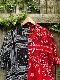 Vintage Style Split Bandana Print Shirt Red Black | Patchwork Paisley Pattern
