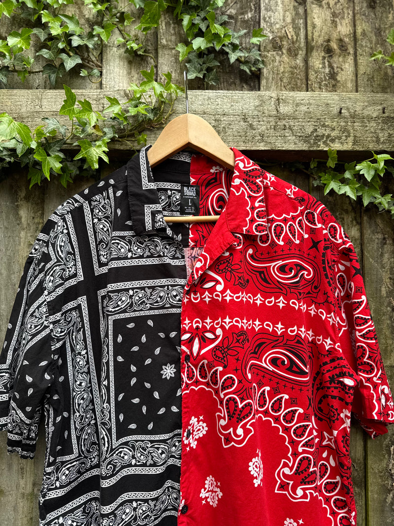 Vintage Style Split Bandana Print Shirt Red Black | Patchwork Paisley Pattern