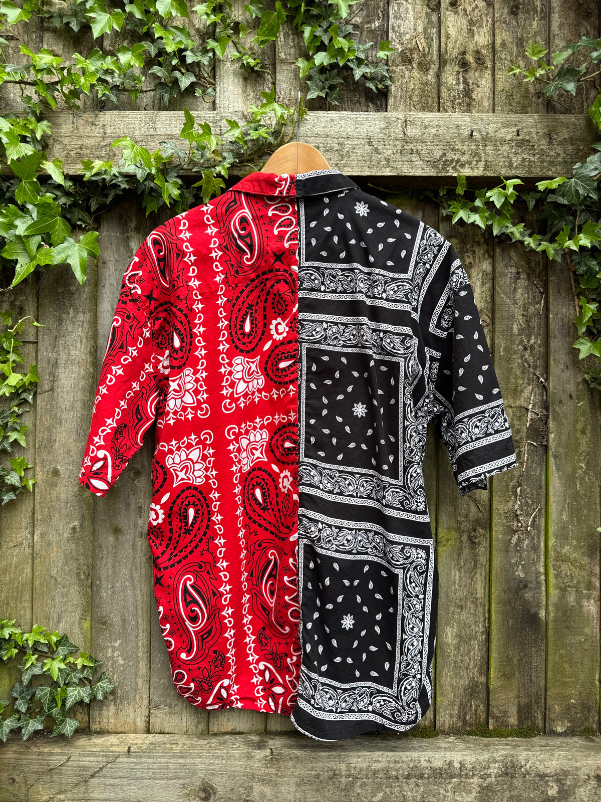 Vintage Style Split Bandana Print Shirt Red Black | Patchwork Paisley Pattern