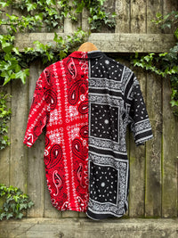 Vintage Style Split Bandana Print Shirt Red Black | Patchwork Paisley Pattern