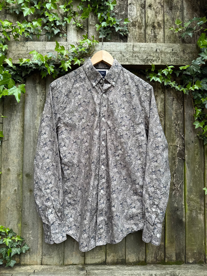 Vintage Style Grey Floral Print Shirt | Micro Pattern Long Sleeve