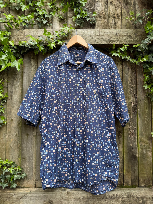 Vintage Blue Geometric Print Shirt | Abstract Square Pattern