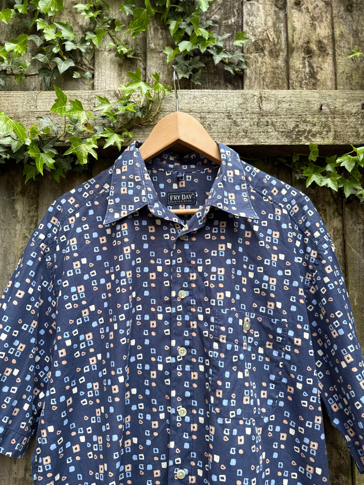 Vintage Blue Geometric Print Shirt | Abstract Square Pattern