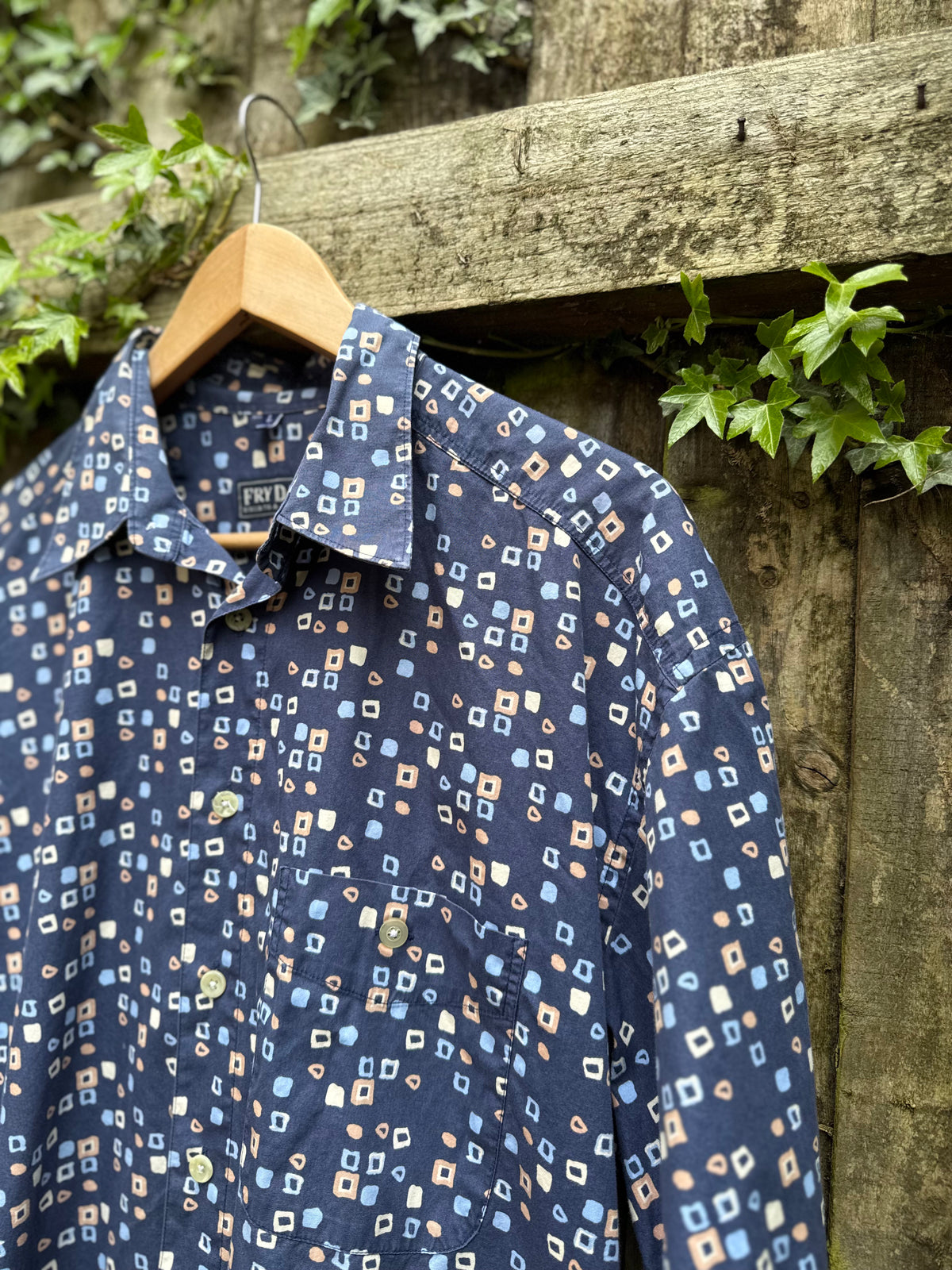 Vintage Blue Geometric Print Shirt | Abstract Square Pattern