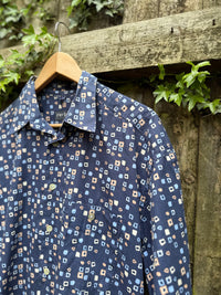 Vintage Blue Geometric Print Shirt | Abstract Square Pattern