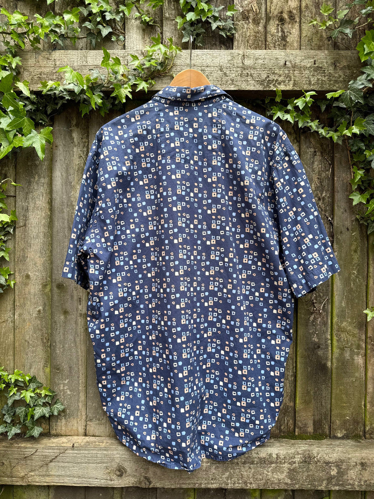 Vintage Blue Geometric Print Shirt | Abstract Square Pattern