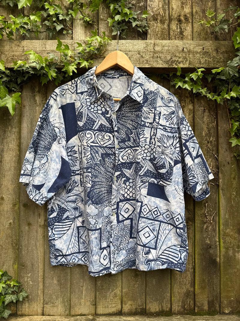 Vintage Abstract Print Shirt | Blue & White Pattern