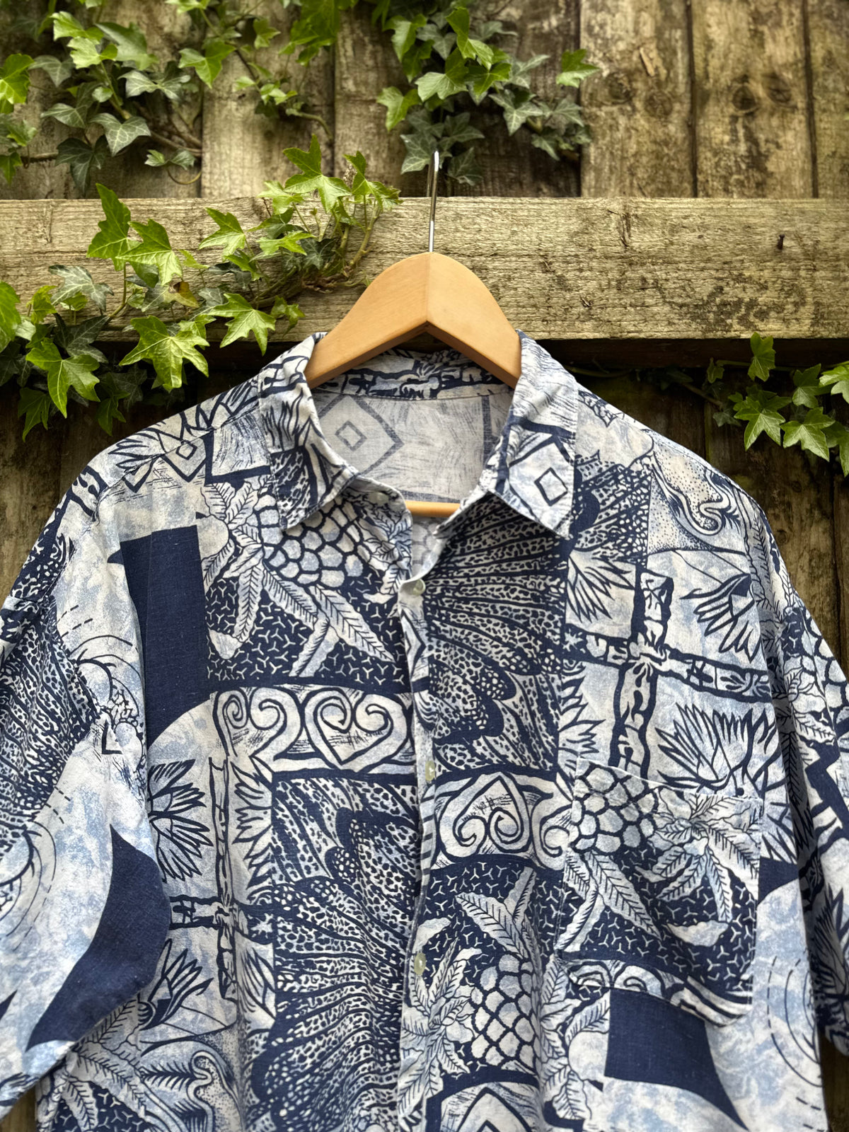 Vintage Abstract Print Shirt | Blue & White Pattern