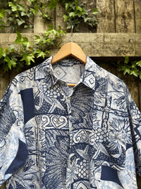 Vintage Abstract Print Shirt | Blue & White Pattern