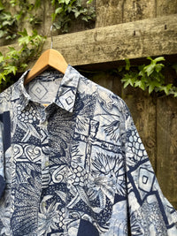 Vintage Abstract Print Shirt | Blue & White Pattern