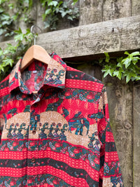 Vintage Elephant Print Shirt Red | Pattern Blouse Long Sleeve