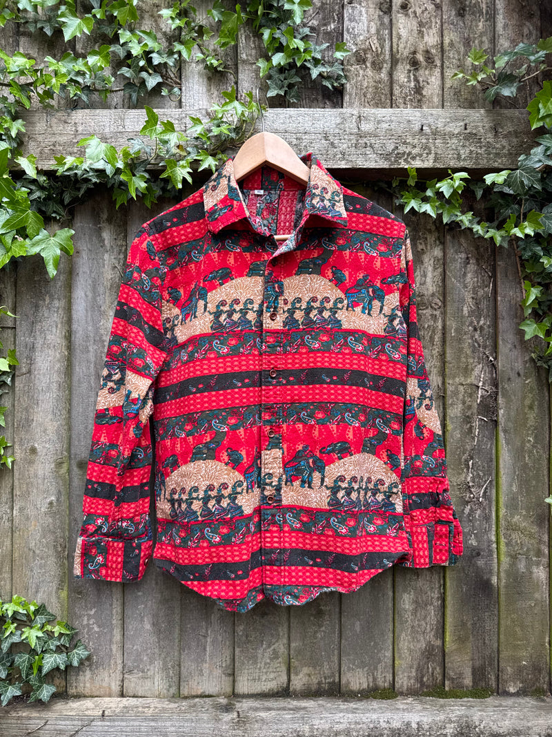Vintage Elephant Print Shirt Red | Pattern Blouse Long Sleeve