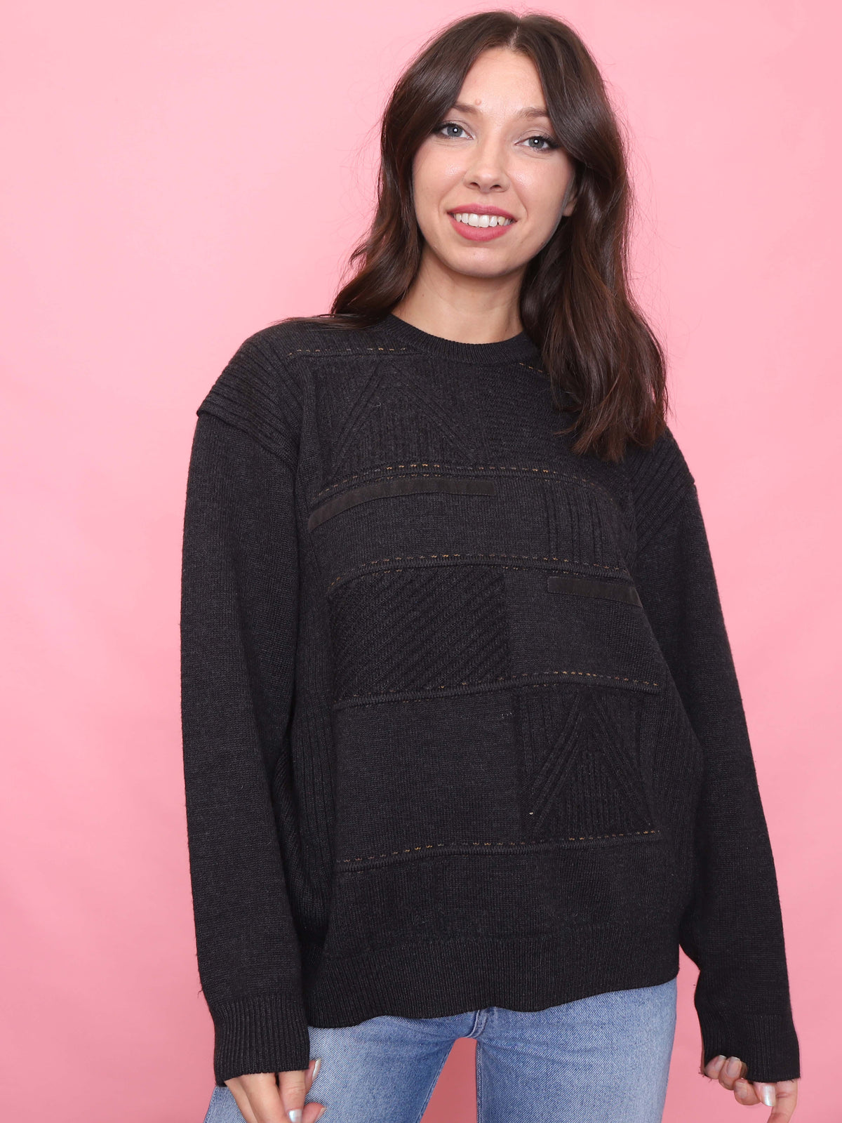 Vintage Dark Grey Geometric Patchwork Pattern Knit Jumper