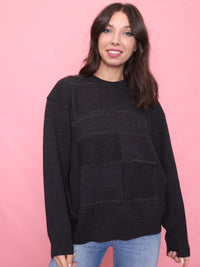 Vintage Dark Grey Geometric Patchwork Pattern Knit Jumper